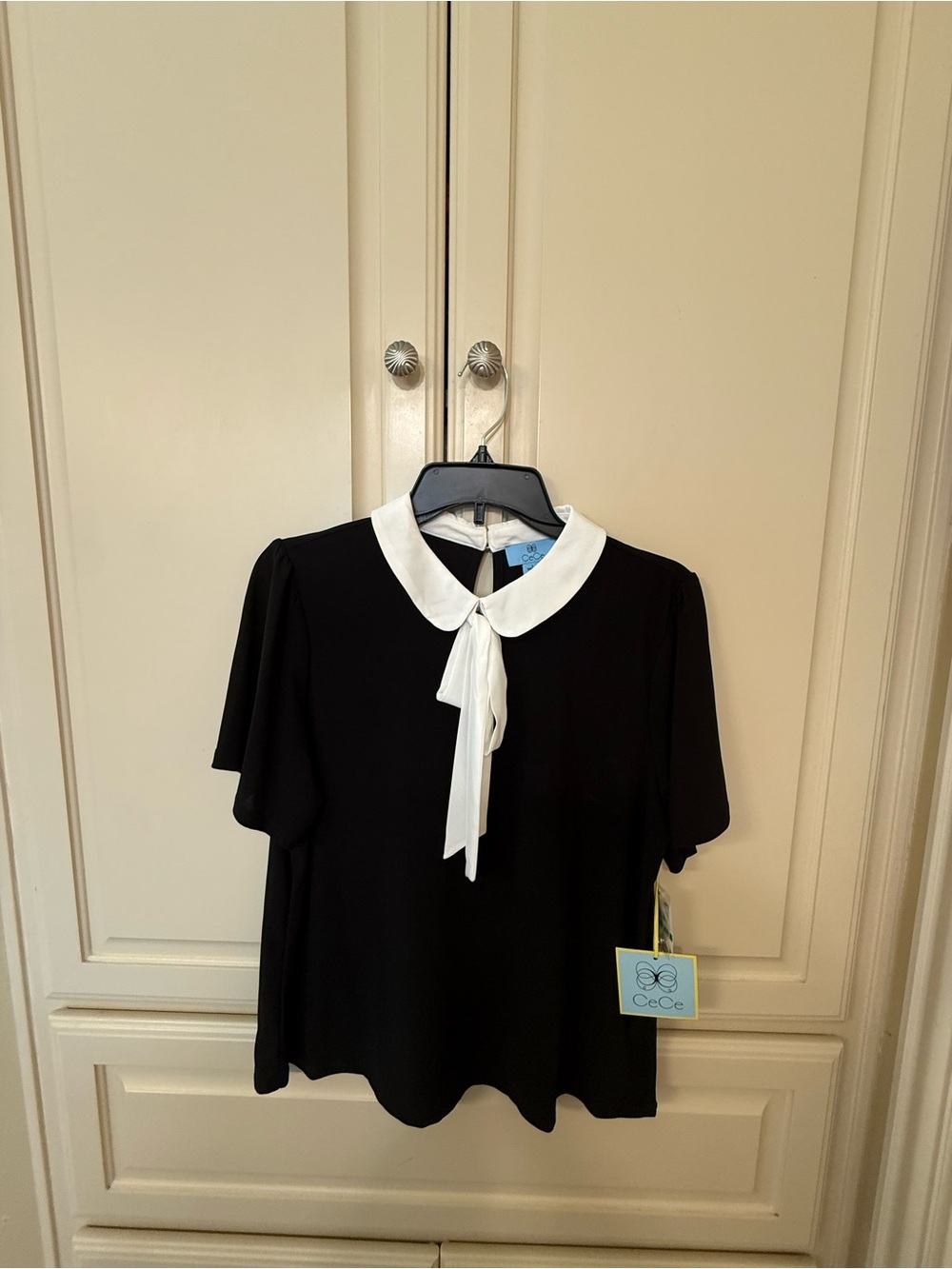 CeCe Black Top with White Peter Pan Collar and Front Tie